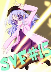  1girl 2022 black_hat black_shoes black_thighhighs blue_hair dress hat highres jacket jumping kurobane_alice long_hair long_sleeves looking_at_viewer nitta_yasunari open_clothes open_jacket pink_eyes pink_jacket purple_dress round_eyewear shadowverse shadowverse_(animated_series) shadowverse_flame shoes solo sunglasses thigh-highs two_side_up v 