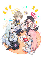  &lt;|&gt;_&lt;|&gt; 4girls ^^^ akaimame azusa_(blue_archive) black_pantyhose black_skirt black_wings blue_archive blush book commentary_request english_text halo hanako_(blue_archive) head_wings hifumi_(blue_archive) highres holding holding_book holding_marker koharu_(blue_archive) long_hair make-up_work_club_(blue_archive) marker multiple_girls musical_note notice_lines pantyhose peroro_(blue_archive) pink_hair pink_halo red_halo sailor_collar school_uniform seiza simple_background sitting skirt socks spoken_object white_hair white_skirt white_socks wings yellow_halo 