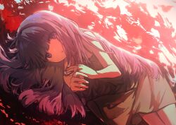  1girl absurdres bare_arms bare_shoulders blunt_bangs child chinese_commentary circon commentary_request cowboy_shot dress dutch_angle expressionless eyes_visible_through_hair fingernails furude_rika grey_dress hair_spread_out hand_on_own_arm highres higurashi_no_naku_koro_ni lens_flare long_hair looking_at_viewer lying neck_ribbon on_side outdoors parted_lips pleated_dress purple_hair purple_ribbon red_sky ribbon short_dress sky solo sundress tareme very_long_hair violet_eyes 