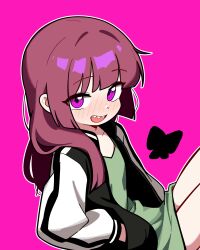  1girl black_jacket bocchi_the_rock! dress flat_chest green_dress hands_in_pockets highres hiroi_kikuri jacket jorang_(jorang08) long_hair long_sleeves looking_at_viewer open_clothes open_jacket open_mouth outline pink_background pink_eyes red_hair ringed_eyes sharp_teeth sidelocks simple_background sitting solo teeth upper_teeth_only white_outline 