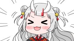  ! !! >_< 1girl :d bell blush_stickers chibi closed_eyes double_bun emphasis_lines facing_viewer fang grey_hair hair_bell hair_bun hair_ornament highres hololive horns jingle_bell long_hair looking_at_viewer mochimiko multicolored_hair nakiri_ayame nakiri_ayame_(1st_costume) oni red_hair simple_background smile solo sparkle streaked_hair two_side_up upper_body v-shaped_eyebrows very_long_hair virtual_youtuber white_background xd 