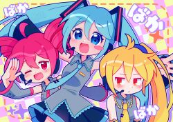 3girls :d ;d absurdres ahoge akita_neru antenna_hair aqua_hair aqua_nails aqua_necktie aqua_trim arm_up artist_name bare_shoulders black_skirt black_sleeves blonde_hair blue_eyes blush blush_stickers breast_pocket buttons checkered_background closed_mouth collared_shirt commentary cowboy_shot detached_sleeves double-parted_bangs drill_hair drop_shadow english_commentary expressionless fingernails four-pointed_star front_slit grey_shirt grey_sleeves hair_between_eyes hair_ornament hatsune_miku headset highres jitome kasane_teto kasane_teto_(utau) long_hair long_sleeves looking_at_another looking_at_viewer marikyuunn miniskirt multiple_girls nail_polish necktie one_eye_closed open_mouth orange_eyes outline outstretched_arms pink_background pleated_skirt pocket ponytail red_eyes red_hair red_trim salute shirt side-by-side side_ponytail signature skirt sleeveless sleeveless_shirt smile spread_arms spread_fingers star_(symbol) tareme triple_baka_(vocaloid) twin_drills twintails two-tone_background upper_body utau very_long_hair vocaloid white_outline yellow_background yellow_necktie yellow_trim 