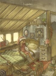  1girl barefoot bed book book_stack braid broom brown_hair chair closed_eyes coffee_mug commentary_request cup full_body hat highres holding holding_stuffed_toy indoors jar koki08186863 lamp long_hair mug nightcap nightgown on_bed open_mouth original picture_frame pillow pitcher_(container) radio red_hat red_nightgown rubbing_eyes sitting slippers solo stuffed_toy suitcase table twin_braids unworn_slippers very_long_hair wallpaper_(object) window 