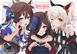  3girls anbutter_siruko aqua_nails aqua_ribbon bare_shoulders black_dress black_hairband blue_bow blue_bowtie blue_dress blue_flower blue_hat blue_ribbon blue_rose bow bowtie brown_hair closed_mouth clothing_cutout collarbone commentary_request curren_chan_(fille_eclair)_(umamusume) curren_chan_(umamusume) dress ear_ornament ears_down english_text flower four-finger_heart_hands gloves grid_background hair_ribbon hairband hat hat_flower heart heart_hands highres horse_girl long_hair long_sleeves looking_at_viewer multicolored_hair multiple_girls one_eye_closed pink_background puckered_lips ribbon rice_shower_(rosy_dreams)_(umamusume) rice_shower_(umamusume) rose sailor_collar sailor_shirt shirt short_hair shoulder_cutout skirt smile streaked_hair striped_clothes striped_dress twintails twitter_username two-tone_dress umamusume violet_eyes vivlos_(umamusume) vivlos_(voyage_etincelant)_(umamusume) white_dress white_gloves white_hair white_hat white_shirt white_skirt 