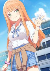  1girl absurdres blue_ribbon blue_skirt blue_sky brown_cardigan building cardigan cardigan_around_waist city clothes_around_waist clouds collared_shirt dress_shirt gakuen_idolmaster giant giantess green_eyes gyaru hatsuboshi_gakuen_school_uniform highres idolmaster jewelry long_hair mole mole_under_eye neck_ribbon orange_hair outdoors pink_scrunchie pleated_skirt ribbon ring school_uniform scrunchie shirt shiun_sumika skirt sky smile toxic_pter upper_body white_shirt wrist_scrunchie 