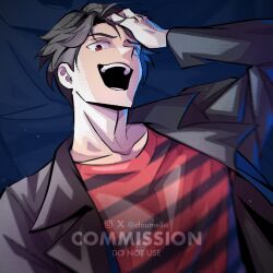  1boy arm_up artist_name black_hair black_jacket blue_background cloumello collarbone commentary commission english_commentary hand_on_own_head highres jacket looking_at_viewer male_focus open_clothes open_jacket open_mouth original red_eyes red_shirt shirt short_hair smile solo striped_clothes striped_shirt teeth upper_body vgen_commission watermark 