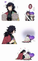 ... 1boy 3girls anger_vein animal_print black_hair black_jacket black_pants blush breasts butterfly_hair_ornament butterfly_print butterfly_print_haori colored_tips couple demon_slayer_uniform evil_smile gold_buttons hair_ornament haori heart hetero highres holding holding_heart jacket japanese_clothes jealous kimetsu_no_yaiba kochou_shinobu looking_at_another low_ponytail medium_breasts multicolored_hair multiple_girls ninmari pants parted_bangs ponytail print_haori purple_hair shaded_face sidelocks smile spoken_ellipsis throwing tomioka_giyuu upper_body white_background 