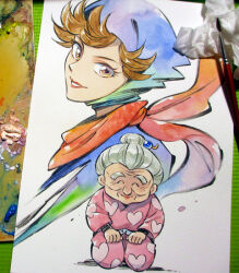  2girls ^_^ agahari age_comparison art_brush art_tools_in_frame black_hood brown_hair closed_eyes closed_mouth commentary_request cropped_shoulders dual_persona grey_hair hair_bun hair_ornament hair_stick hands_on_own_thighs heart heart_print hood hood_up japanese_clothes lipstick looking_at_viewer makeup multiple_girls ninja old old_woman orange_eyes paintbrush painting_(medium) pants parted_lips photo_(medium) pink_pants pink_shirt projected_inset rakudai_ninja_rantarou red_lips red_scarf scarf seiza shirt short_hair sitting smile traditional_media wrinkled_skin yamamoto_shina 