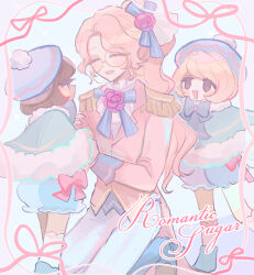  1boy 2others :d ^_^ adjusting_another&#039;s_clothes age_difference aqua_capelet bad_id bad_pixiv_id blonde_hair blue_background blue_boots blue_bow blue_bowtie blue_hat blue_shoes blue_shorts bob_cut boots bow bowtie brown_eyes brown_hair capelet closed_eyes coat cookie_run cookie_run:_ovenbreak dark_skin earl_grey_cookie earl_grey_cookie_(romantic_sugar_s/s_collection_model) face-to-face facing_another feet_out_of_frame flower foot_out_of_frame frilled_shorts frills full_body fur-trimmed_capelet fur_trim glasses hair_bow hair_flower hair_ornament halftone hamchan69 hat high_heel_boots high_heels high_ponytail highres humanization jitome knee_boots kneehighs knees_out_of_frame long_hair long_sleeves looking_at_another mole mole_under_mouth multiple_others no_pupils official_alternate_costume official_alternate_hair_color official_alternate_hair_length official_alternate_hairstyle open_mouth pale_skin pants pawn_black_cookie pawn_white_cookie pink_bow pink_coat pink_flower pink_hair pink_ribbon pink_rose pom_pom_(clothes) ponytail profile puffy_shorts ribbon rose round_eyewear shoes short_hair shorts siblings simple_background smile socks standing standing_on_one_leg twins very_long_hair wavy_hair white_pants white_socks yellow-framed_eyewear 
