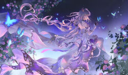  1girl absurdres animal_print bare_shoulders black_collar black_gloves blue_butterfly bow bright_pupils bug butterfly butterfly_hair_ornament butterfly_on_hand butterfly_print castorice_(honkai:_star_rail) chinese_commentary circlet coattails collar commentary_request cross-laced_pantyhose detached_collar detached_sleeves dress feet_out_of_frame floating floating_clothes floating_hair flower frilled_collar frilled_sleeves frills gloves gradient_clothes gradient_dress hair_bow hair_flower hair_ornament hei_yu highres honkai:_star_rail honkai_(series) invisible_chair light_particles looking_at_animal low_twintails multi-tied_hair multiple_hair_bows pantyhose parted_lips pink_flower pink_rose print_dress purple_background purple_dress purple_flower purple_hair rose shoulder_blades sitting sleeves_past_wrists solo strapless strapless_dress twintails two-tone_dress violet_eyes white_bow white_dress white_pantyhose white_pupils white_sleeves 