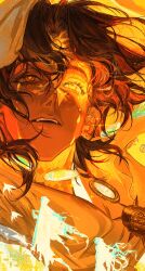  1boy arzu_(sultan's_game) baicumikuo bird blending brown_eyes brown_hair chinese_commentary cloak colored_tears commentary_request curtained_hair dark-skinned_male dark_skin earrings facial_mark forehead_mark highres hood hood_up hooded_cloak jewelry multiple_views parted_bangs parted_lips portrait short_hair silhouette solo sultan's_game sun_symbol swallow_(bird) tears teeth the_sultan_(sultan's_game) upper_teeth_only yellow_background yellow_cloak yellow_eyes 