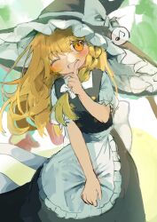  1girl apron blonde_hair bow braid broom broom_riding hand_on_own_face hat hat_bow highres kirisame_marisa open_mouth side_braid single_braid smile solo speech_bubble standing touhou tungsten_mochoo waist_apron white_bow witch_hat yellow_eyes 