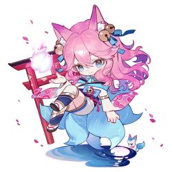  1girl ahri_(league_of_legends) animal animal_ear_fluff animal_ears armlet bell blue_bow blue_eyes blue_pupils blue_ribbon bow brown_sandals chibi chinese_commentary closed_mouth cloud_print commentary_request dress energy_ball eyelashes floating floating_clothes floating_hair fox fox_ears fox_girl fox_tail full_moon gold_armlet hair_bell hair_between_eyes hair_bow hair_ornament happy highres japanese_clothes jewelry kimono kimono_dress kitsune knee_up league_of_legends light_blush light_particles long_hair long_sleeves looking_at_viewer loose_hair_strand magic moon multiple_tails neck_ribbon object_floating_above_hand official_alternate_costume over-kneehighs petals pink_hair print_sleeves puddle reflection reflective_liquid ribbon sandals short_dress simple_background smile socks solo sparkle spirit_blossom_ahri tabi tail thigh-highs torii tsurime wavy_hair white_background white_kimono white_socks wide_sleeves xiangyun yanshuangjun zouri 