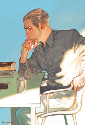  1boy black_eyes blue_background book book_stack chair checkered_clothes checkered_shirt cigarette collared_shirt covering_own_mouth ctkcave cup from_side green_pants grey_shirt hair_slicked_back hand_over_own_mouth indoors jewelry loose_hair_strand male_focus mature_male mug old old_man on_chair original pants ring shirt sitting smoke smoke_trail solo table teabag white_hair 