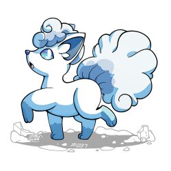  alolan_vulpix blue_eyes full_body mistray-art no_humans open_mouth pokemon pokemon_(creature) signature simple_background solo white_background white_fur 