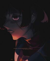  1girl absurdres aijou_karen artist_name black_background brown_eyes brown_hair commentary dark dim_lighting english_text hair_between_eyes hair_ornament hairclip highres jacket ling_(chaaaaanhikari) looking_ahead official_alternate_costume one_side_up open_clothes open_jacket parted_lips portrait purple_shirt scar scar_across_eye scar_across_eyebrow scar_on_cheek scar_on_face scar_on_lip shirt short_hair shoujo_kageki_revue_starlight simple_background solo underlighting white_jacket 