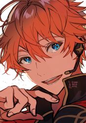  1boy akehoshi_subaru blue_eyes commentary dongbackbyul ensemble_stars! hair_between_eyes hand_up looking_to_the_side male_focus microphone open_mouth orange_hair portrait short_hair simple_background smile solo white_background 