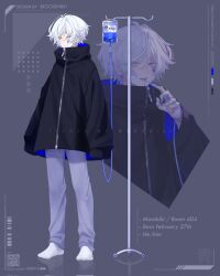 1boy artist_name black_coat blue_eyes character_name character_pronouns closed_mouth coat commentary english_commentary full_body grey_background grey_eyes grey_pants hair_between_eyes heterochromia highres intravenous_drip iv_stand long_sleeves male_focus mooshiki mooshiki_(character) multiple_views no_shoes original pants qr_code short_hair socks standing white_hair white_socks zipper zipper_pull_tab 