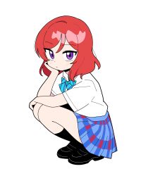  1girl absurdres bow bowtie full_body hand_on_own_chin highres jorang_(jorang08) loafers looking_at_viewer love_live! love_live!_school_idol_project nishikino_maki otonokizaka_school_uniform plaid_clothes plaid_skirt red_hair school_uniform shirt shoes simple_background skirt solo squatting striped_bow striped_bowtie striped_clothes summer_uniform tsurime violet_eyes white_background white_shirt 