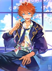  1boy akehoshi_subaru blue_eyes blue_jacket blue_necktie blue_sky chair commentary dongbackbyul ensemble_stars! finger_heart hair_between_eyes heart highres jacket looking_at_viewer lower_teeth_only male_focus necktie official_alternate_costume on_chair open_clothes open_jacket open_mouth orange_hair print_shirt school_uniform shirt short_hair sitting sky smile solo teeth window 