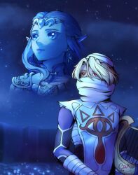  2girls androgynous armor bandaged_arm bandaged_chest bandaged_head bandages bandages_over_mouth blonde_hair blue_eyes chaendeulleo circlet dual_persona earrings gold_armor hair_between_eyes highres holding holding_instrument holding_lyre instrument jewelry long_hair lyre multiple_girls night night_sky parted_bangs pointy_ears princess_zelda red_eyes sheik short_hair shoulder_armor sidelocks sky super_smash_bros. the_legend_of_zelda the_legend_of_zelda:_ocarina_of_time upper_body 