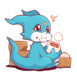  bamboo_steamer brown_eyes chewing closed_mouth commentary_request digimon digimon_(creature) eating food food_on_face full_body holding holding_food kariki_hajime no_humans signature simple_background sitting solo steamed_bun v-mon white_background 