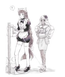  2girls apron bow commentary_request dress fishnet_pantyhose fishnets gloves hair_bow hat_ornament hatori_a high_heels highres jacinthe_(pokemon) lebanne_(pokemon) long_hair long_sleeves multiple_girls pantyhose pedal pokemon pokemon_legends:_z-a puffy_sleeves shoes soap_dispenser speech_bubble standing thigh-highs tilted_headwear twintails very_long_hair watermark 