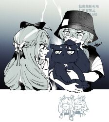  1boy 3girls :3 ahoge animal bare_shoulders bikini bikini_top_under_shirt bikini_under_clothes black_bow black_cat black_nails black_wetsuit bow bucket_hat cat chibi clenched_hand closed_mouth commentary crop_top crossed_bangs dark_background drill_hair fish_hat frilled_wrist_cuffs frills hair_between_eyes hair_bow hair_ornament hair_ribbon hat holding holding_animal holding_cat lightning long_hair looking_at_another multiple_girls official_alternate_costume oimo8929 open_mouth piper_wheel qingyi_(zenless_zone_zero) ribbon short_hair signature smile sphere_hair_ornament sweatdrop swimsuit symbol-only_commentary twintails upper_body vivian_banshee vivian_banshee_(iris_of_the_shore) white_background wise_(peaceful_waves)_(zenless_zone_zero) wise_(zenless_zone_zero) wrist_cuffs zenless_zone_zero 