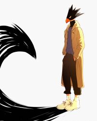  1boy bird_boy black_pants boku_no_hero_academia closed_mouth commentary full_body hands_in_pockets hood hoodie ithmid looking_ahead male_focus pants shoes sidelighting sneakers solo tokoyami_fumikage white_background 