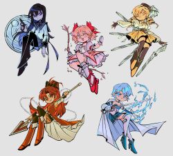  5girls akemi_homura akemi_homura_(magical_girl) black_bow black_hair black_skirt black_thighhighs blonde_hair blue_boots blue_eyes blue_hair boots bow bow_(weapon) breasts cape closed_mouth detached_sleeves dress drill_hair fingerless_gloves floating full_body gloves grey_background gun hair_between_eyes hair_bow hair_ornament hairclip hat highres holding holding_bow_(weapon) holding_gun holding_polearm holding_sword holding_weapon jacket kaname_madoka kaname_madoka_(magical_girl) lemolunes long_hair magical_girl mahou_shoujo_madoka_magica medium_breasts miki_sayaka miki_sayaka_(magical_girl) mini_hat multiple_girls open_mouth pink_eyes pink_hair polearm ponytail puffy_short_sleeves puffy_sleeves red_boots red_bow red_dress red_hair red_shoes sakura_kyoko sakura_kyoko_(magical_girl) shoes short_hair short_sleeves short_twintails skirt smile socks sword thigh-highs tomoe_mami tomoe_mami_(magical_girl) twin_drills twintails violet_eyes weapon white_cape white_gloves white_jacket white_sleeves white_socks white_thighhighs x_hair_ornament yellow_eyes yellow_skirt 
