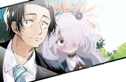  1boy 1girl :&lt; black_eyes black_hair black_suit blue_archive blue_necktie blush bright_pupils brown_eyes brown_ribbon closed_mouth collared_shirt commentary_request day eyeball_hair_ornament grey_hair hair_ornament hair_over_one_eye halo highres kanoe_(blue_archive) long_hair looking_at_viewer motion_blur multicolored_eyes nakamobu neck_ribbon necktie nose one_eye_covered orange_halo outdoors photo_(object) ribbon school_uniform selfie shirt short_hair smile suit surprised textless_version trembling two-tone_eyes upper_body white_pupils white_shirt wide-eyed 