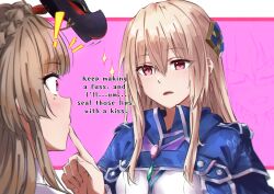  ! 2girls absurdres blonde_hair blue_cloak blush braid brown_hair cape capelet cloak crown_braid english_text finger_to_another's_mouth finger_to_mouth fox_mask hair_between_eyes hair_ornament heaven_burns_red highres kayamori_ruka kiryuu_miya long_hair looking_at_another mask mask_on_head mole mole_under_eye multiple_girls open_mouth pink_background raito_taisha red_eyes shirakawa_yuina sidelocks surprised unworn_mask yuri 