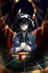  1other absurdres androgynous black_eyes black_hair black_hat black_shirt blackjack_table blue_pupils buttons chair chinese_commentary closed_mouth collared_shirt detached_hood determined elbows_on_table english_commentary frilled_headwear frown hair_between_eyes hat high_collar highres holding hood hood_down hooded_jacket indoors jacket len&#039;en long_sleeves looking_at_viewer mixed-language_commentary mob_cap night on_chair open_clothes open_jacket other_focus own_hands_together poker_chip purple_jacket shadow shirt shitodo_kuroji short_hair sitting sky solo star_(sky) starry_sky straight-on table triangular_headpiece upper_body v-shaped_eyebrows yancao_(pixiv_103434280) zipper 