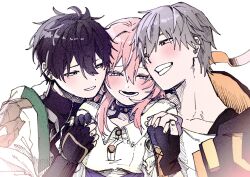 1girl 2boys black_choker black_coat black_gloves black_hair black_shirt blue_eyes blush breasts buttons caelus_(honkai:_star_rail) chinese_clothes choker coat collarbone collared_shirt commentary_request dan_heng_(honkai:_star_rail) dan_heng_(hunt)_(honkai:_star_rail) eyeliner fingerless_gloves fingernails gloves green_eyes grey_hair hair_between_eyes half-closed_eyes hand_up happy highres holding_hands honkai:_star_rail honkai_(series) hood hooded_coat kirikirisamurai lapels long_sleeves looking_at_another makeup march_7th_(honkai:_star_rail) march_7th_(preservation)_(honkai:_star_rail) medium_breasts multicolored_eyes multiple_boys open_clothes open_coat open_mouth orange_coat orange_eyes pink_eyes pink_hair red_eyeliner shirt short_hair sidelocks simple_background smile t-shirt teeth trailblazer_(honkai:_star_rail) two-sided_coat two-sided_fabric upper_body white_background white_coat white_shirt zipper 