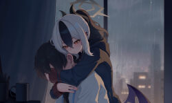  1boy 1girl absurdres black_hair blue_archive building city curtains grey_halo halo highres hug hug_from_behind indoors kayoko_(blue_archive) multicolored_hair rain red_eyes sensei_(blue_archive) short_hair single_wing two-tone_hair white_hair window wings wish-tf 