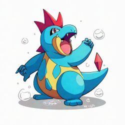  blue_skin bubble colored_skin croconaw full_body mistray-art multicolored_skin no_humans pokemon pokemon_(creature) red_eyes signature simple_background solo tail two-tone_skin white_background yellow_skin 