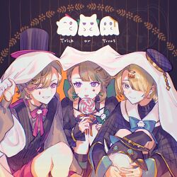  1girl 2boys alternate_costume animal_ears beret black_dress blonde_hair blue_eyes blue_ribbon candy cat_ears cat_girl dress facial_mark food genshin_impact ghost green_ribbon hair_over_one_eye hand_up hat highres lollipop lynette_(genshin_impact) lyney_(genshin_impact) multiple_boys one_eye_closed pers_(genshin_impact) pon2oo red_ribbon ribbon sailor_collar short_hair sitting smile star_(symbol) star_facial_mark teardrop_facial_mark tongue tongue_out top_hat trick_or_treat violet_eyes 