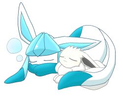  2others blue_fur closed_eyes closed_mouth colored_sclera covered_mouth eevee glaceon highres lying multiple_others no_humans on_stomach oomaaarrtf_eerr pokemon pokemon_(creature) pokemon_focus sleeping sleeping_on_pokemon squeans white_background 