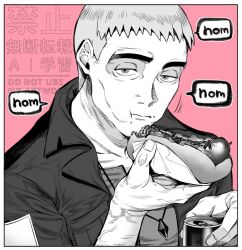  1boy border can cheekbones eating english_text food greyscale_with_colored_background holding holding_can holding_food hot_dog jacket jewelry looking_at_viewer male_focus nanu_(pokemon) nazuka_jyo old old_man open_clothes open_jacket pendant pink_background pokemon pokemon_sm short_hair simple_background solo sound_effects watermark white_border z-crystal 