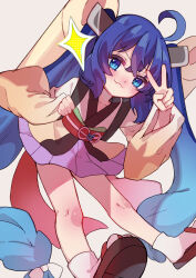  1girl :3 absurdres ahoge backpack bag black_sandals blue_eyes blue_hair blush cosplay doyagao fang gradient_clothes gradient_hair gradient_kimono headgear highres holding holding_bag irodorikaeru japanese_clothes kimono kiritanpo_(food) leaning_forward long_hair looking_at_viewer low-tied_long_hair multicolored_hair obi obiage obidome obijime otomachi_una purple_skirt red_sash sandals sash sidelocks simple_background skin_fang skirt smug socks solo sparkle tabi touhoku_kiritan touhoku_kiritan_(cosplay) twintails v v-shaped_eyebrows very_long_hair vocaloid voiceroid white_background white_kimono white_socks wide_sleeves yellow_kimono zouri 