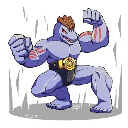  belt clenched_hands colored_skin flexing full_body gold_belt grey_skin looking_at_viewer machoke male_underwear male_underwear_pull mistray-art muscular muscular_male open_mouth pokemon pokemon_(creature) red_eyes signature simple_background solo squatting underwear white_background 