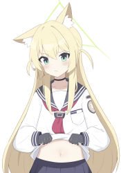  1girl :&lt; absurdres animal_ear_fluff animal_ears black_choker black_gloves black_sailor_collar blonde_hair blue_archive blush choker clenched_hands closed_mouth clothes_lift commentary_request cowboy_shot fang fenrir-banana fox_ears fox_girl frown gloves green_eyes green_halo hair_between_eyes halo hands_up highres kurumi_(blue_archive) lifting_own_clothes long_hair long_sleeves looking_at_viewer navel neckerchief presenting_stomach red_neckerchief sailor_collar school_uniform serafuku shirt shirt_lift shy sidelocks simple_background skin_fang solo stomach straight-on straight_hair triangle_halo two_side_up v-shaped_eyebrows very_long_hair white_background white_shirt 