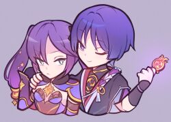  1boy 1girl aqua_eyes armor asymmetrical_bangs black_bodysuit black_bow black_gloves black_kimono black_sleeves blunt_ends bodystocking bodysuit bow brooch clenched_hand closed_mouth commentary cropped_torso detached_sleeves elbow_gloves fur_collar genshin_impact gloves gnosis_(genshin_impact) gold gold_trim hair_between_eyes hair_bow hand_on_another&#039;s_shoulder hand_up hashtag-only_commentary hetero holding japanese_armor japanese_clothes jewelry juban kimono kote kurokote layered_sleeves leotard long_hair looking_at_another mandarin_collar mona_(genshin_impact) neck_ring one_eye_closed parted_bangs pink_hair ponytail_holder purple_background purple_hair purple_leotard purple_rope purple_sleeves red_kimono rope scaramouche_(genshin_impact) scarasleepy shimenawa short_sleeves sideways_glance smile star_brooch strapless strapless_leotard tassel tsurime twintails twitter_username violet_eyes white_kimono white_rope wispy_bangs 