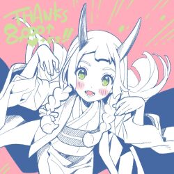 1girl alternate_costume blush braid breasts cosplay froslass green_eyes halloween halloween_costume highres horns japanese_clothes kimono kinocopro lillie_(pokemon) long_hair looking_at_viewer mega_froslass mega_froslass_(cosplay) open_mouth pokemon pokemon_legends:_z-a pokemon_sm smile solo teeth twin_braids