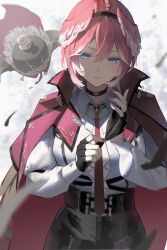  1girl adjusting_clothes adjusting_gloves artist_request black_choker black_gloves blue_eyes breasts cape choker commentary fingerless_gloves ganmo_(takane_lui) gloves hashtag-only_commentary head_wings headband highres hololive kamatsuka large_breasts leather_shorts necktie pink_hair red_cape red_necktie shirt solo takane_lui takane_lui_(1st_costume) tsukune_(takane_lui) tsumire_(takane_lui) virtual_youtuber white_shirt wings 