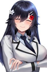 1girl absurdres annoyed black_hair black_necktie blush breasts closed_eyes hair_ornament hairclip highres kage_no_jitsuryokusha_ni_naritakute! large_breasts long_hair nagisilon necktie nishino_akane school_uniform smile 
