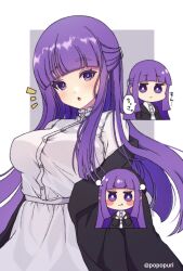  1girl artist_name black_coat blunt_bangs blunt_ends blush_stickers breasts chibi chibi_inset coat commentary dress fern_(sousou_no_frieren) half_updo highres large_breasts long_hair looking_at_viewer off_shoulder open_clothes open_coat parted_lips popo_(popopuri) pout purple_hair sousou_no_frieren translation_request twitter_username upper_body violet_eyes white_dress 