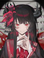  1girl absurdres artist_request black_hair black_horns blood blood_splatter blunt_bangs chinese_commentary chromatic_aberration claws closed_mouth colored_extremities commentary_request commission corrupted_twitter_file crown dark_persona demon_horns extra_eyes extra_horns flower hair_flower hair_ornament hand_up highres horns long_hair long_sleeves looking_at_viewer mahou_shoujo_no_majo_saiban mugshot necktie nikaido_hiro red_eyes red_flower red_necktie second-party_source smile snake_hair solo spoilers spotlight upper_body witch_(manosaba) 