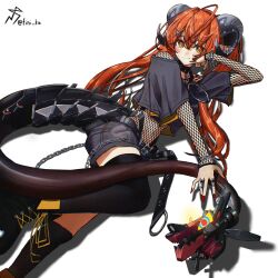  1girl absurdres alternate_costume belt bracelet chain choker crop_top english_commentary fini_kin fishnets green_eyes hair_ornament hairclip highres horns jewelry long_hair magus_(zenless_zone_zero) mask mechanical_horns mechanical_tail midriff orange_hair orange_pupils orphie_magnusson pointy_ears red_nails ring sharp_teeth shirt shorts solo tail teeth thigh-highs twintails very_long_hair zenless_zone_zero 