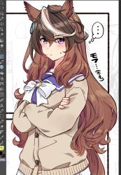  1girl animal_ears art_program_in_frame blush bow bowtie breasts brown_cardigan brown_hair cardigan closed_mouth crossed_arms earrings hair_between_eyes highres horse_ears horse_girl horse_tail ido_(teketeke) jewelry long_hair long_sleeves looking_at_viewer medium_breasts multicolored_hair purple_sailor_collar sailor_collar school_uniform shirt single_earring streaked_hair sweatdrop symboli_rudolf_(umamusume) tail tracen_school_uniform umamusume upper_body violet_eyes white_bow white_bowtie white_hair white_sailor_collar 